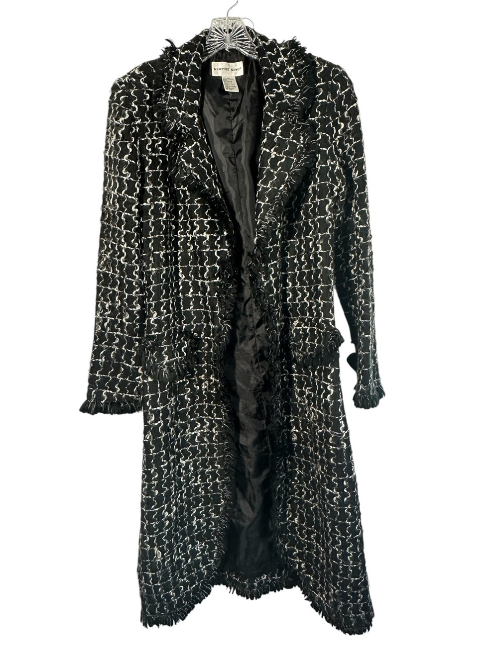 VTG Newport News Women Coat 4 Black White Tweed Long Duster Fringe Retro Artsy
